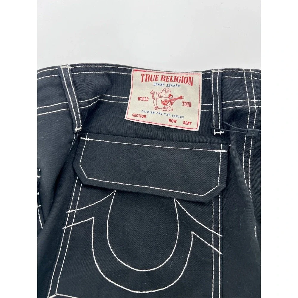 True Religion Mens Jet Black Contrast Stitch Cargo Pants 108335 Size 32 NWT